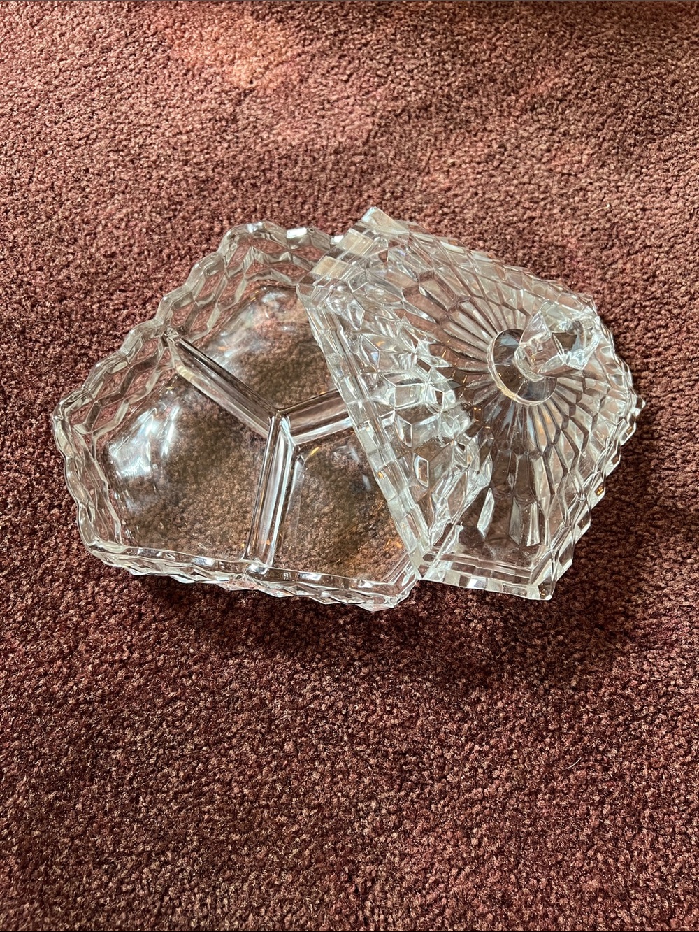 Vintage Fostoria Clear Glass Three-Section Vanity Trinket Box with Lid